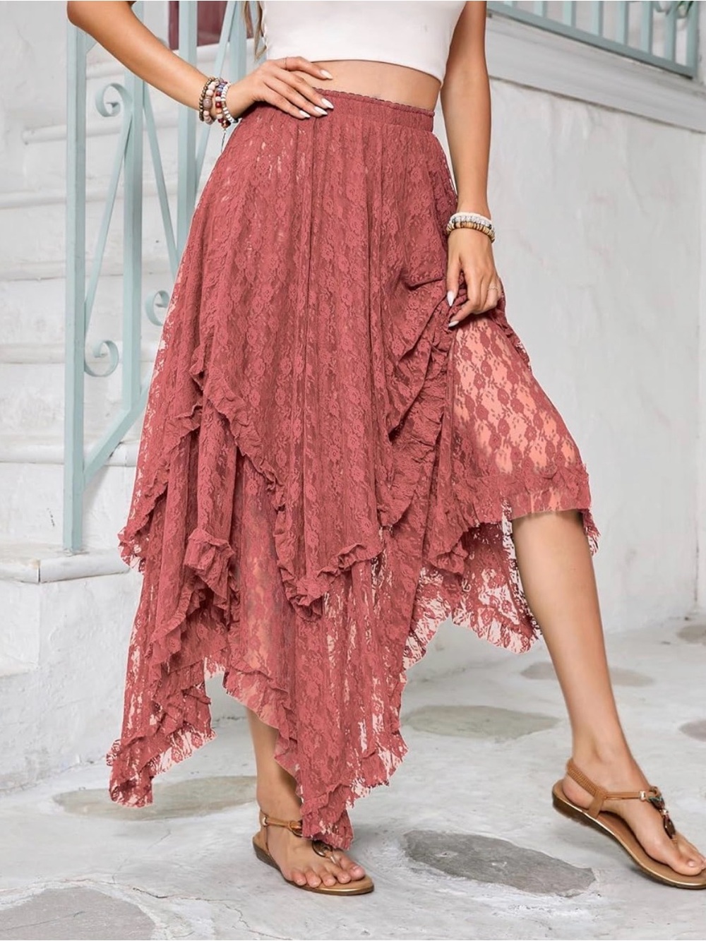 Lace Layered Asymmetric Skirt — Rose Dust